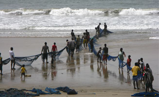 Fischer in Ghana holen ihre Netze zusammen ein